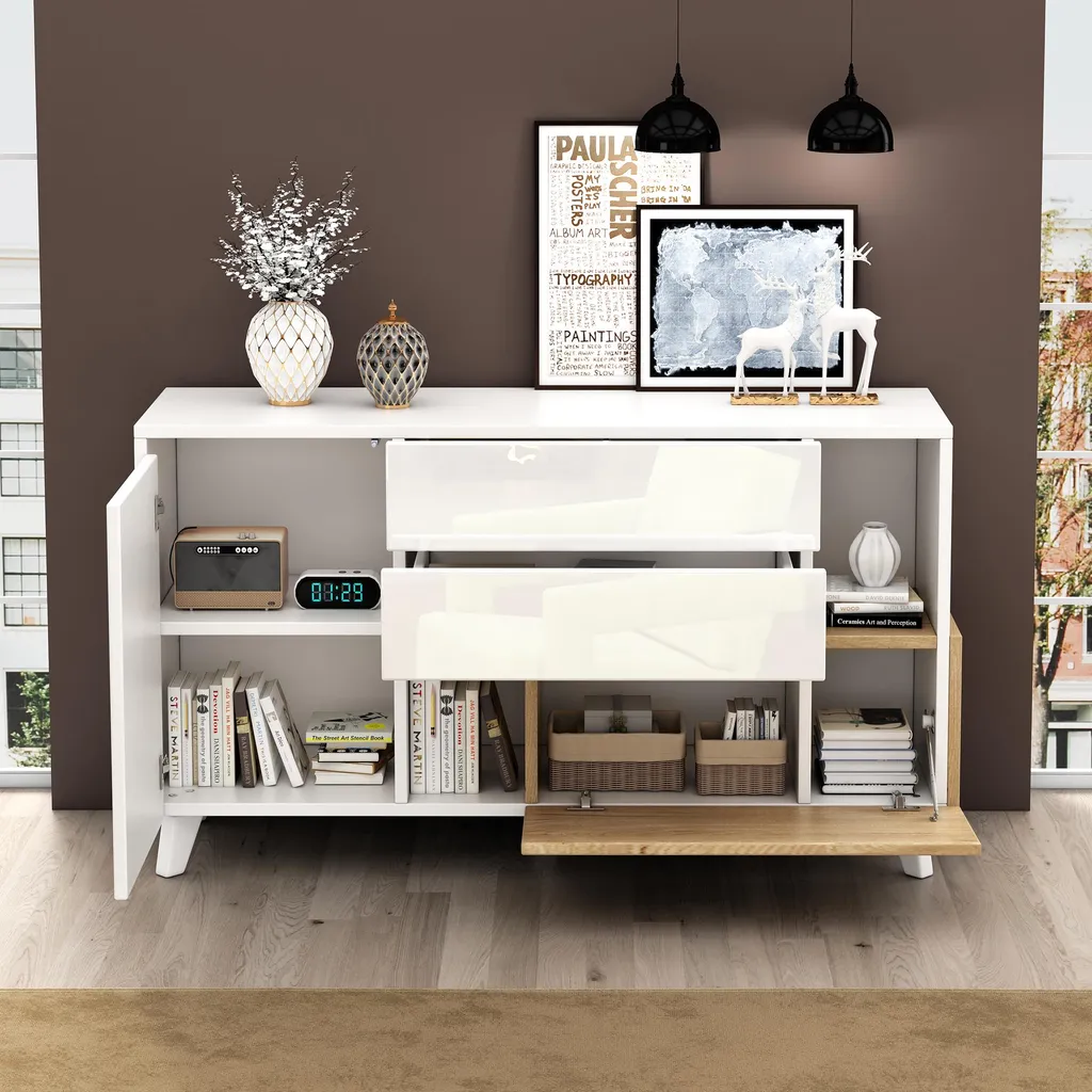 Buffet de Rangement Gain de Place Blanc et Bois - Commode Moderne Merax 130