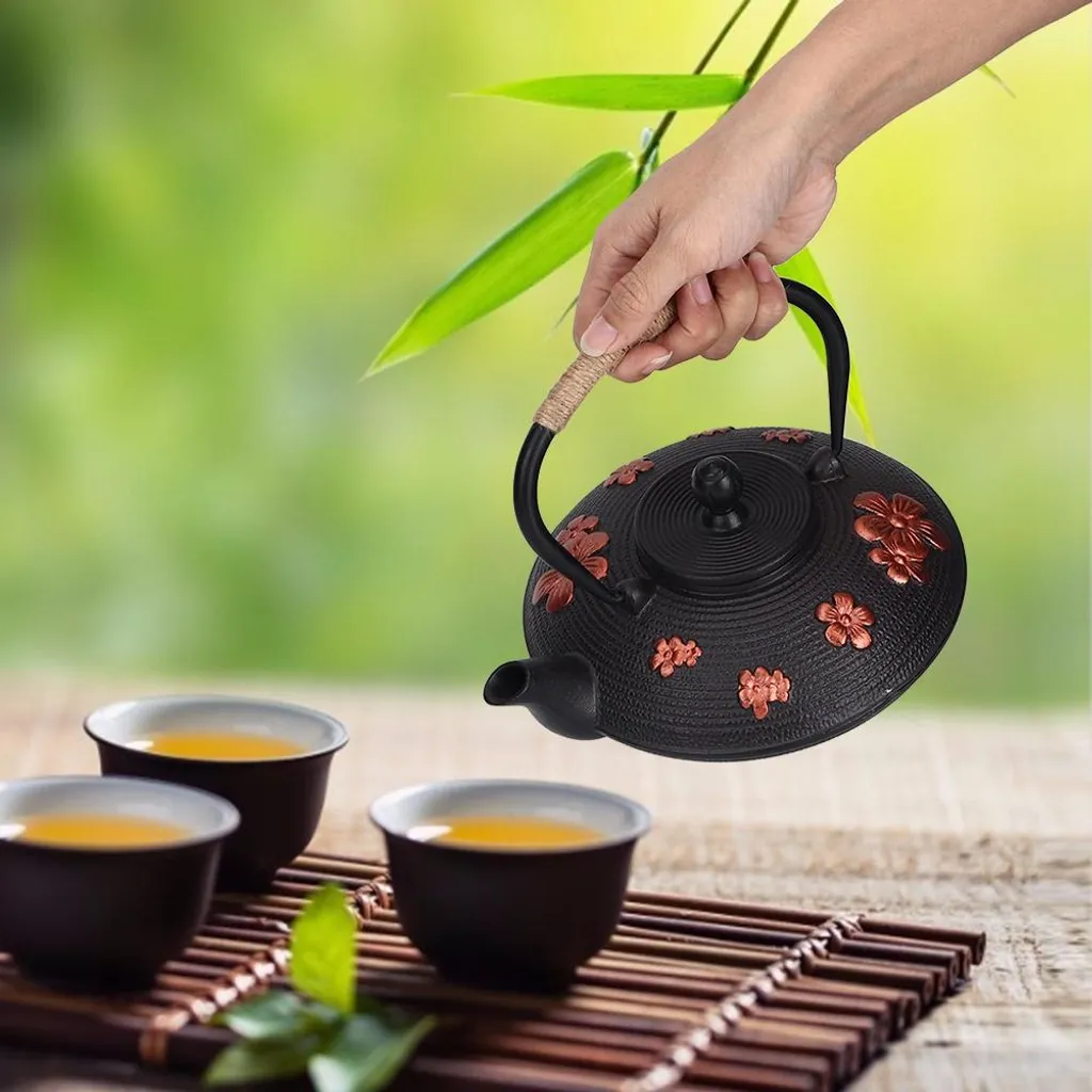 Théière Fonte Rouge 0.9L Motif Floral Oriental avec Filtre Inox