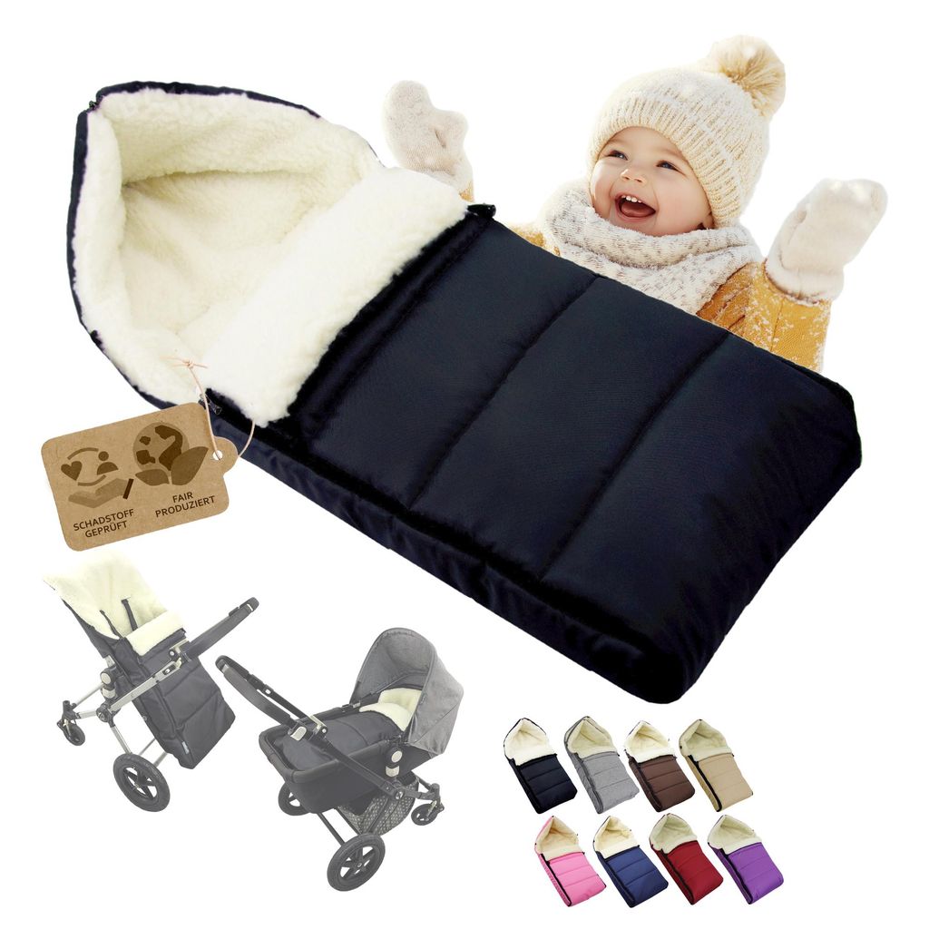 BAMBINIWELT Winterfußsack Fußsack universal 108cm für Babyschale Kinderwagen Buggy Wolle LINIERT SCHWARZ