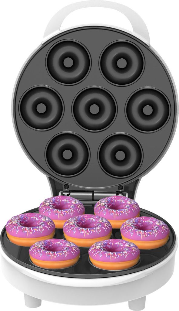A donut maker with donuts inside and outside.
