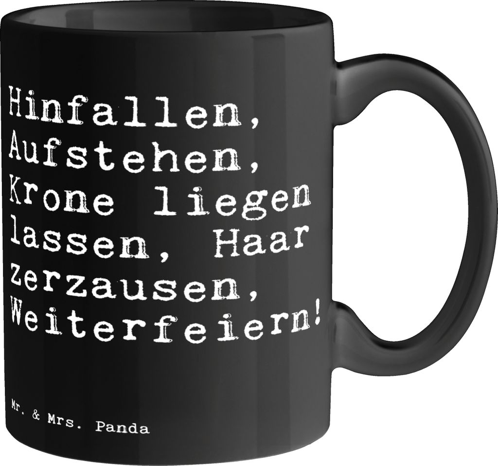 Mr. & Mrs. Panda Teetasse Hinfallen, Aufstehen, Krone liegen... - Schwarz - Geschenk, Pott, Sprüche, lustig, Spruch, Bedruckte Tasse, Party, Büro...