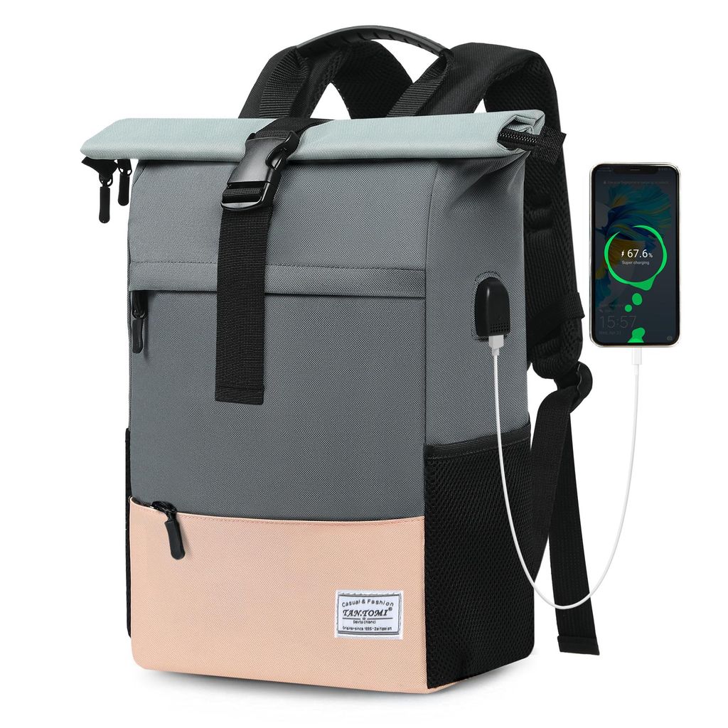 Cityrucksack Freizeitrucksack Groß Damen lässiger Rolltop Rucksack Herren Backpack, Arbeitsrucksack viele Fächer mit 15,6" Laptopfach/USB