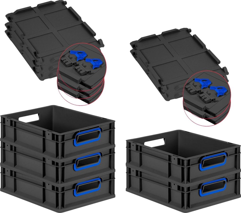 SuperSparSet 5x Eurobox NextGen Color mit Scharnierdeckel und Schiebeschnappverschlüssen | HxBxT 12x30x40cm | 11 Liter | Schwarz | Griffe blau off...