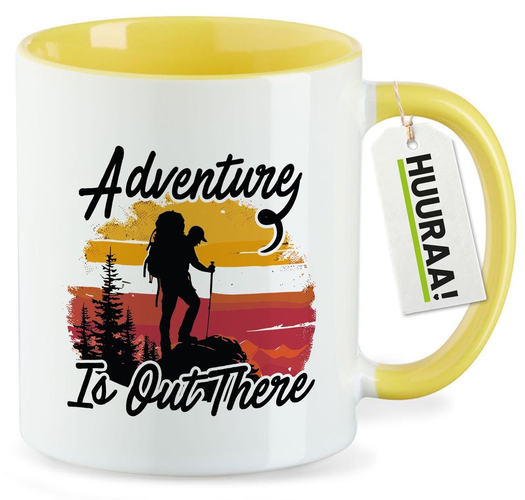 Huuraa Kaffeetasse Adventure is out there Backpacking 330ml Gelb Keramik Kaffeebecher Geschenkidee