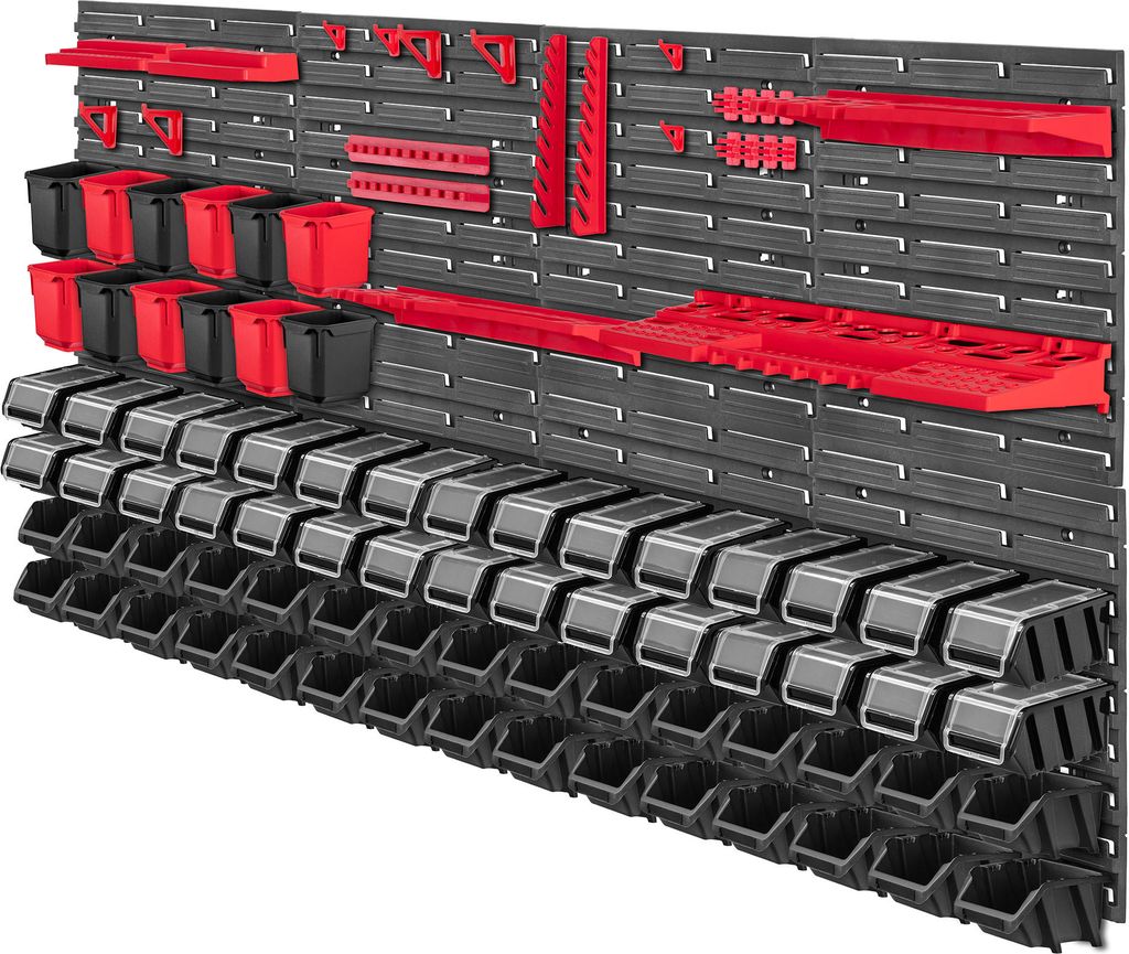 A toolboard wall system with various containers and accessories mounted on it.