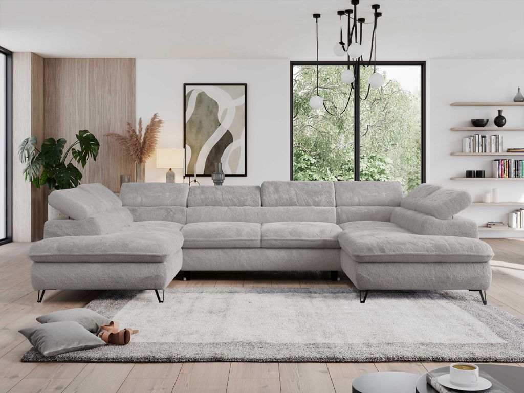 Wohnzimmersofa mit Schlaffunktion, U-form, verstellbare Kopfstützen, Bettkasten - PEDRO U - Plüsch - Aschgrau