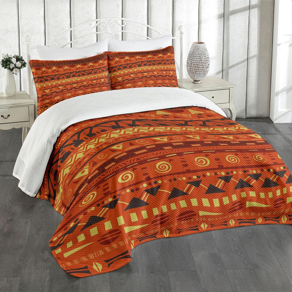 ABAKUHAUS Stammes Tagesdecke Set, Antike Folkloristische Motive Primitive Stammeskunst Ornamente Illustration, 220 x 220 cm, Orange Gelb