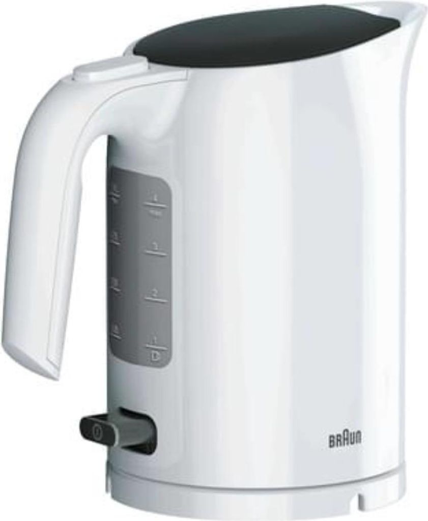 A white electric kettle with a black lid and a water level indicator.