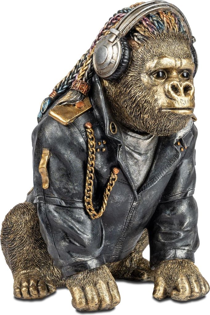 moderne Dekofigur Gorilla mit Lederjacke und Kopfhörern H. Produktbild 