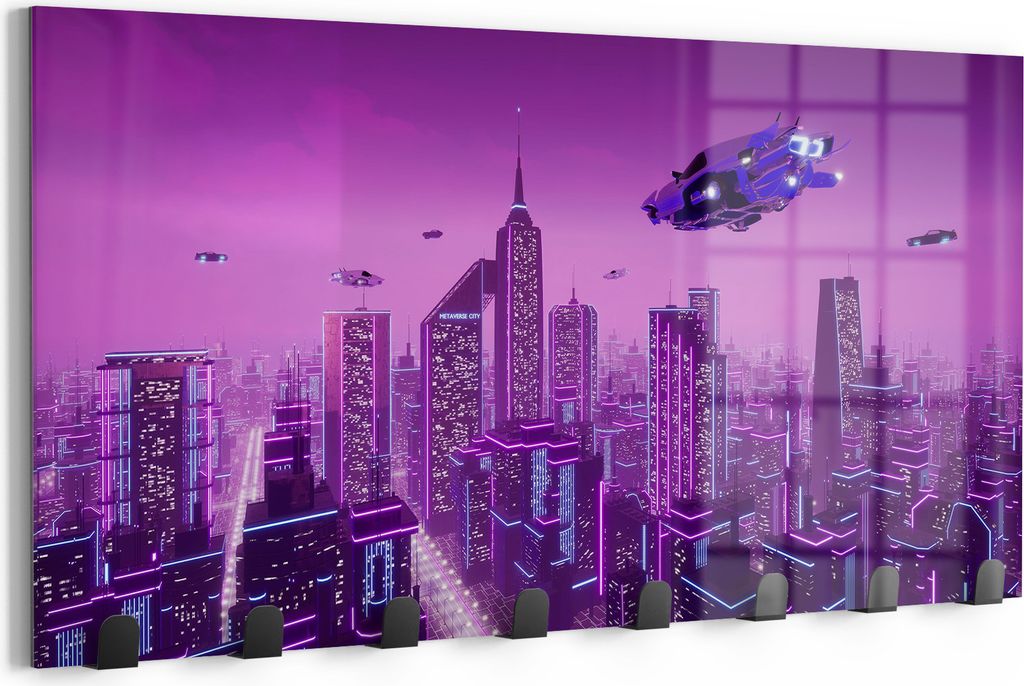 DEQORI Kleiderhaken Glas 60x30 cm 'Futuristische Metropole' Wand Garderobe beschreibbar Paneel