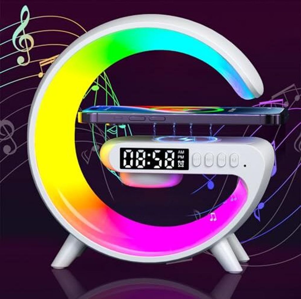 Ladelampe für drahtlose Ladung, LED -Bett 4 in 1 Wecker, Stimmungslicht, Lautsprecherladegerät, G -Formfarbe ändern RGB -Dekoration (weiß)