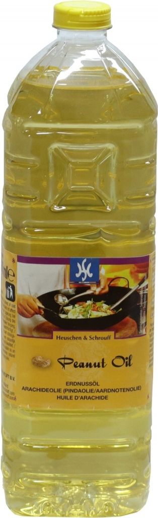 A bottle of peanut oil with a label showing a cooking scene.