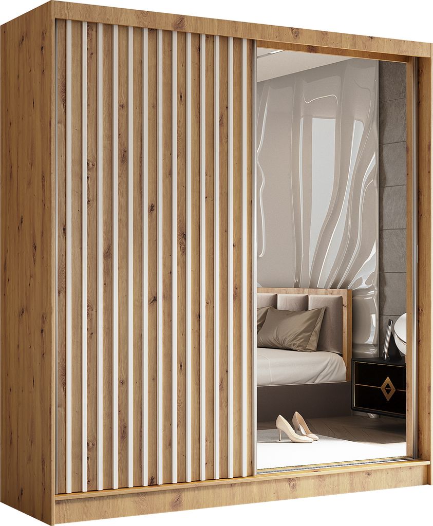 Masseno Schiebetürenschrank LAMELLO 200 cm Kleiderschrank Schlafzimmer Schrank 2-türig mit Spiegel und Lamellen Eiche Artisan