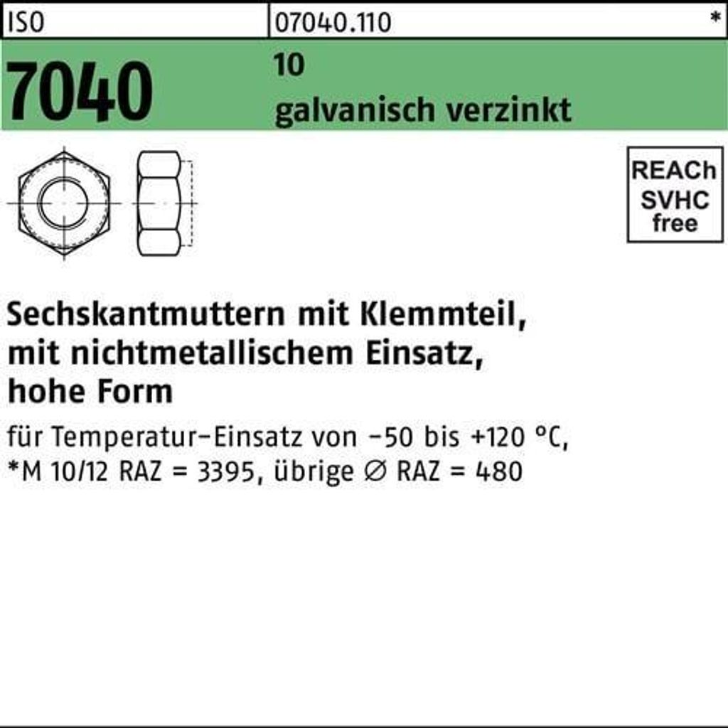 Reyher Sechskantmuttern ISO 7040 10 M 12 galv. vz (100 Stück)