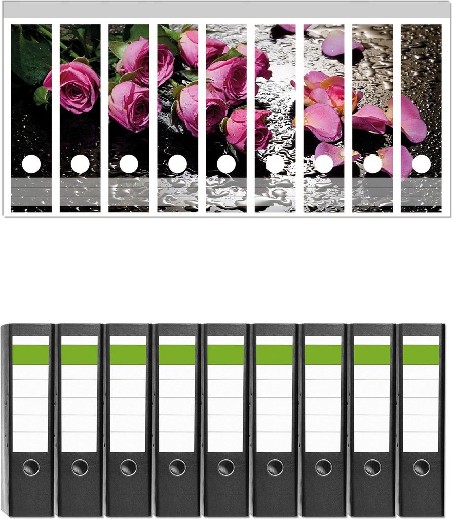 Wallario 9 Stück breite Ordner inkl. Klebeetiketten mit Motive Pinke Rosen mit Wassertropfen - Set mit Rückenschildern / Ordnerrücken Stickern