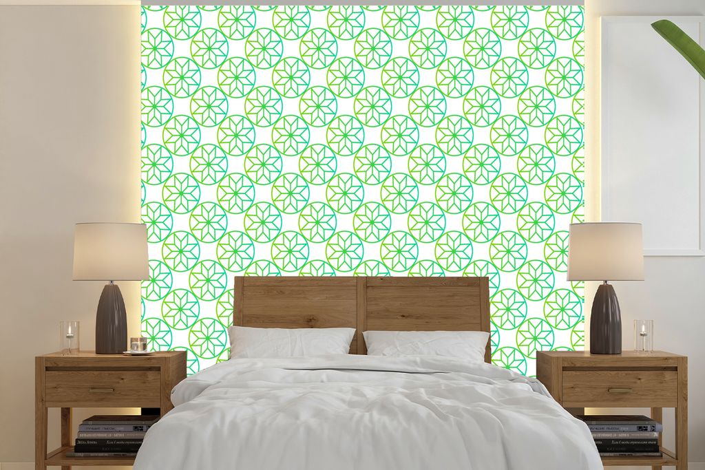 MuchoWow Fototapete für Wohnzimmer oder Schlafzimmer Wandtapete Vinyl Motivtapete Grün - Sterne - Kreis - 350x350 cm - Schlafzimmertapete