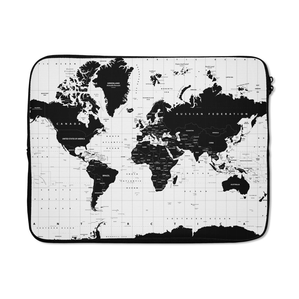 MuchoWow Laptop Hülle 17 Zoll Laptoptasche Weltkarte - Schwarz - Weiß - Atlas - Erde - Bildung - Zipper - Schutzabdeckung