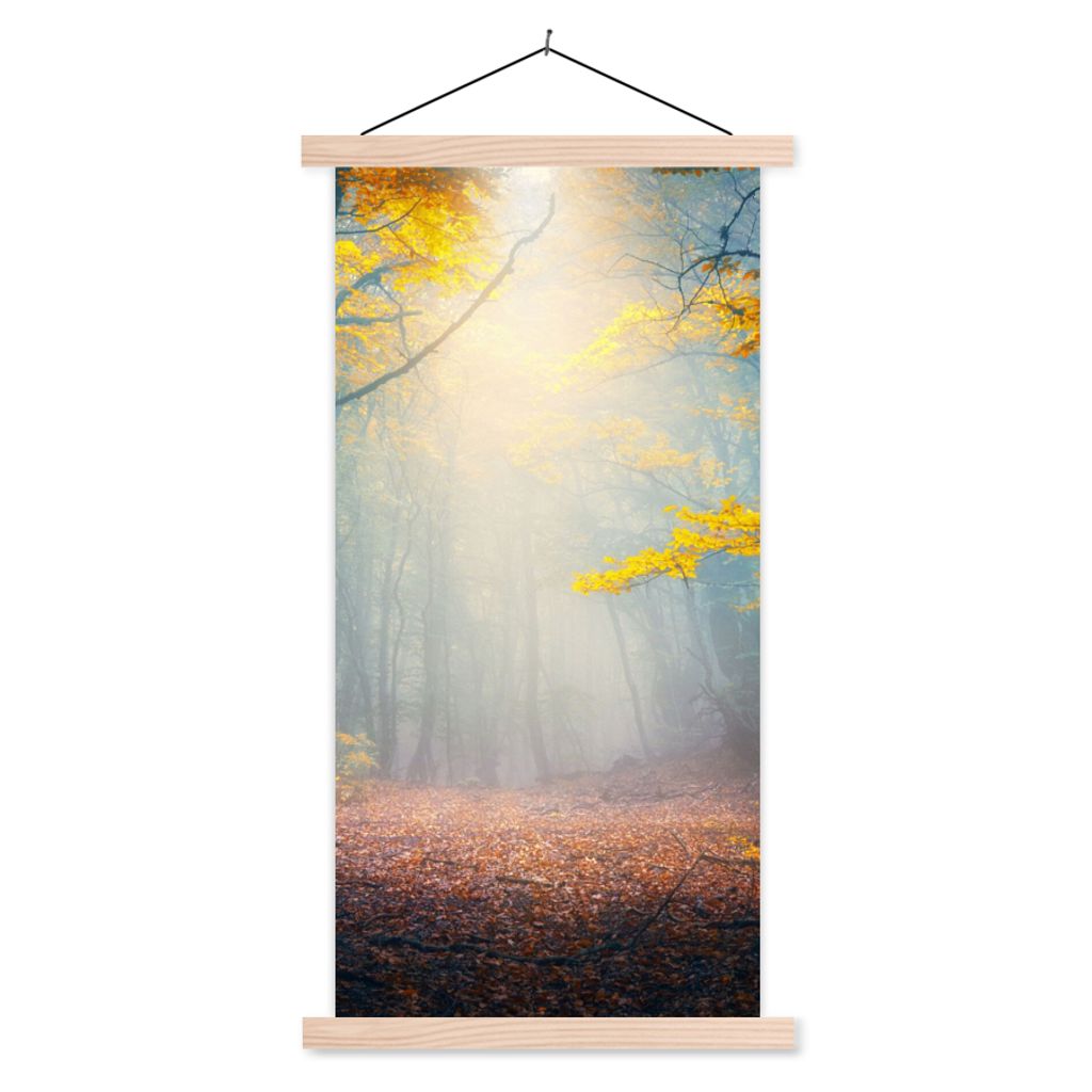 MuchoWow Textilposter Wald - Nebel - Herbst 60x120 cm mit holzfarbenen Rahmen - Holz