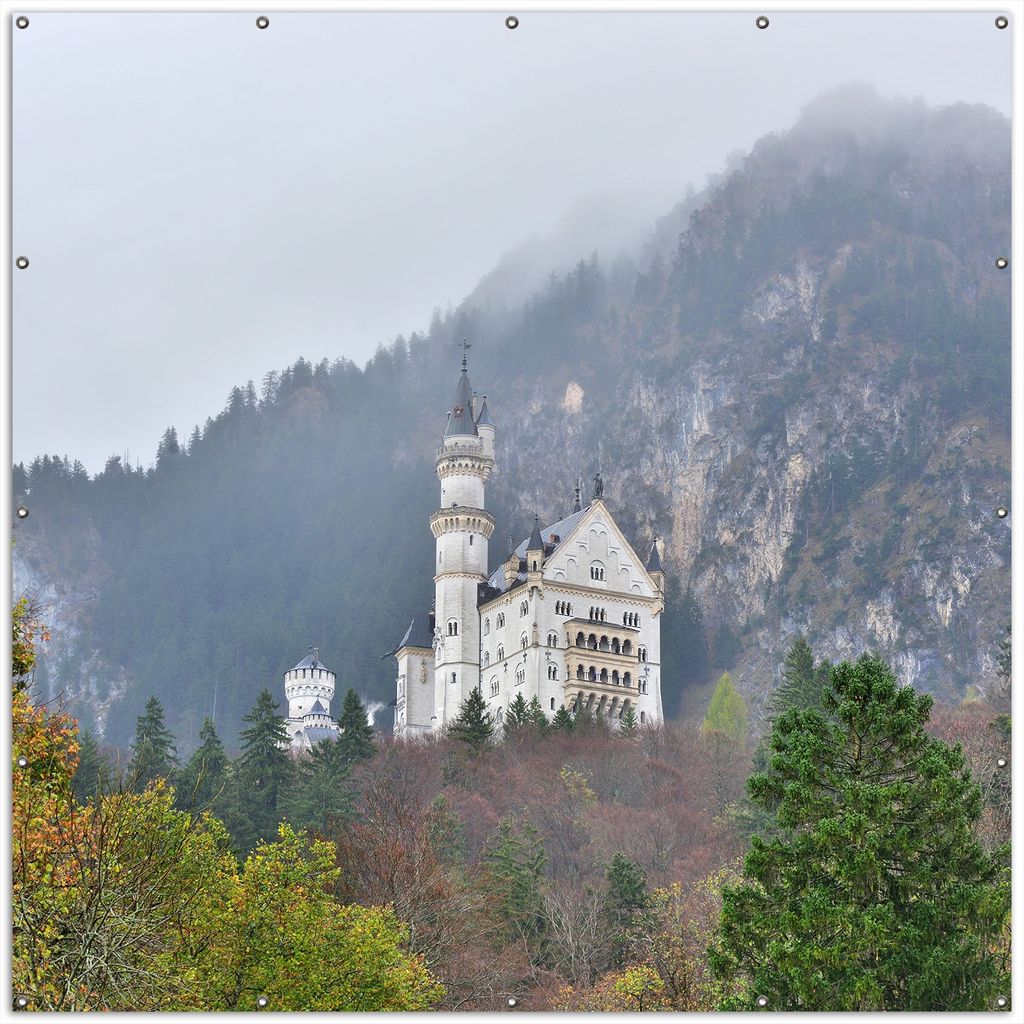 Wallario XXL Outdoor-Poster für Garten oder Balkon, Motiv Schloss Neuschwanstein in Bayern, in ca. 200 x 200 cm