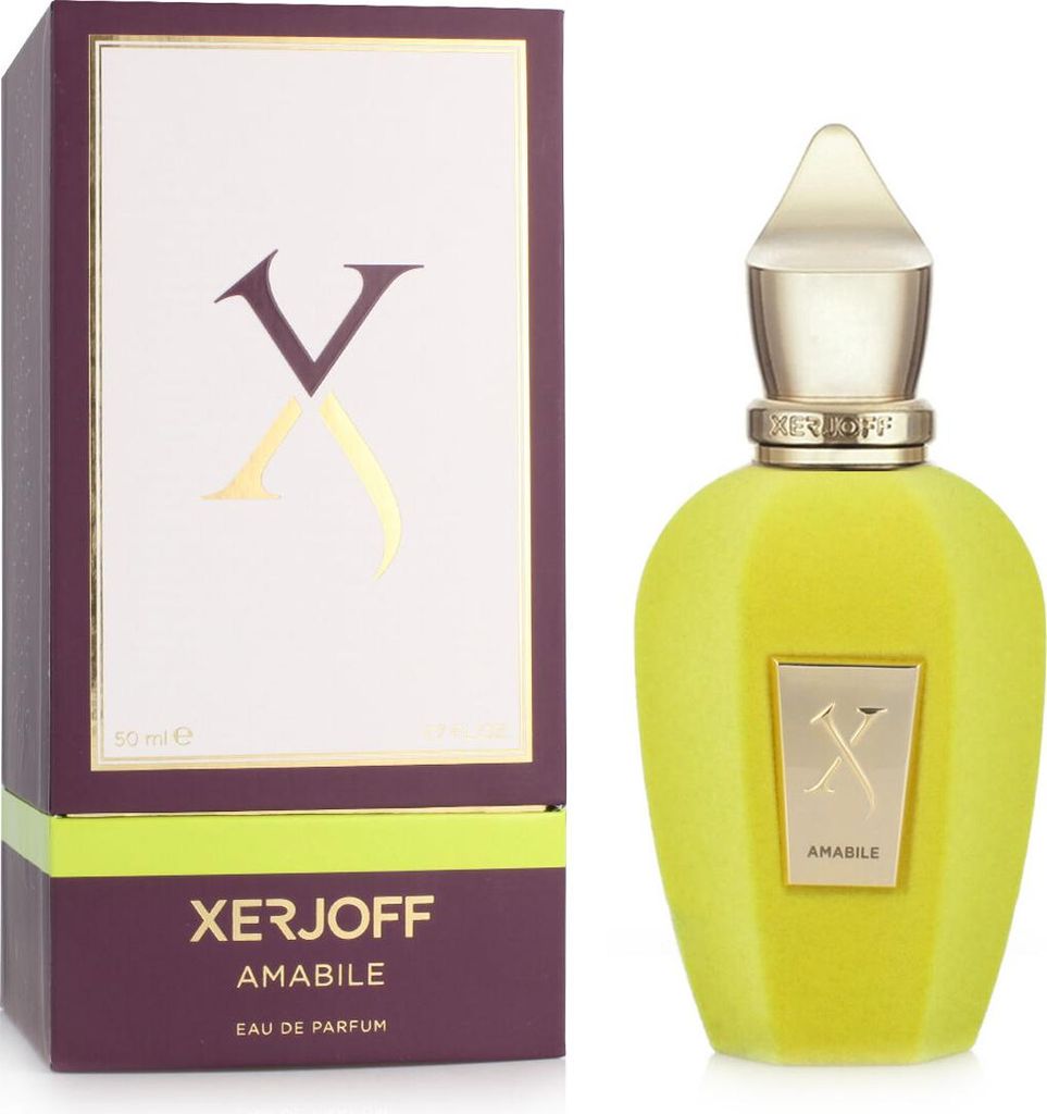 A perfume bottle and its packaging are displayed against a white background.