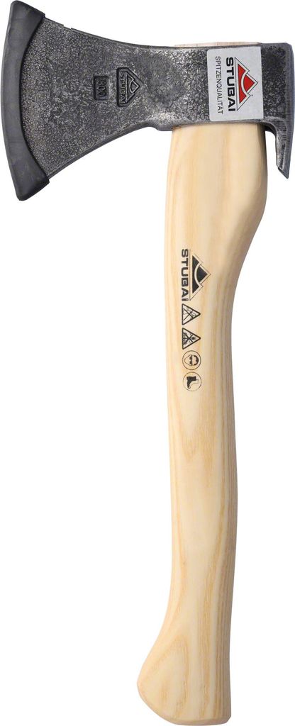 A close-up studio shot of a hand axe with a wooden handle.