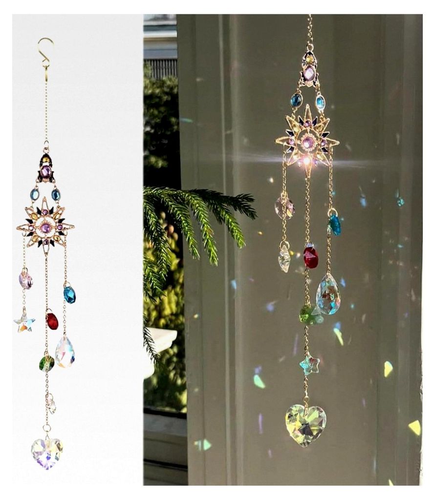 Sonnenfänger Kristall Fensterdekoration, Suncatcher Sonnenanhänger Regenbogen Kristalle zum Aufhängen, Kristall Sterne Herzen Windspiele für Fe...
