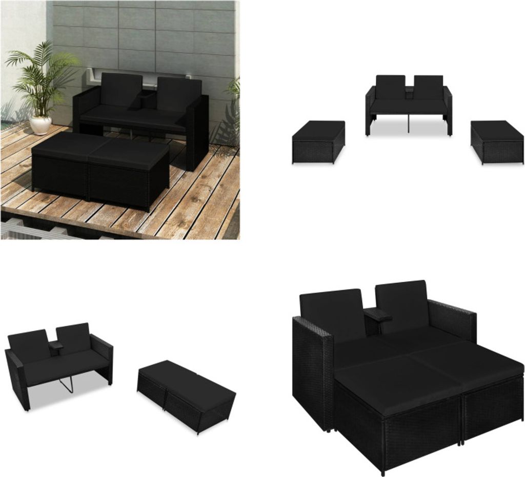 vidaXL 3 tlg. Garten Lounge Set mit Auflagen Poly Rattan Schwarz - Garten-Lounge-Set - Garten-Lounge-Sets - Gartenmöbel-Set - Gartenmöbel-Sets