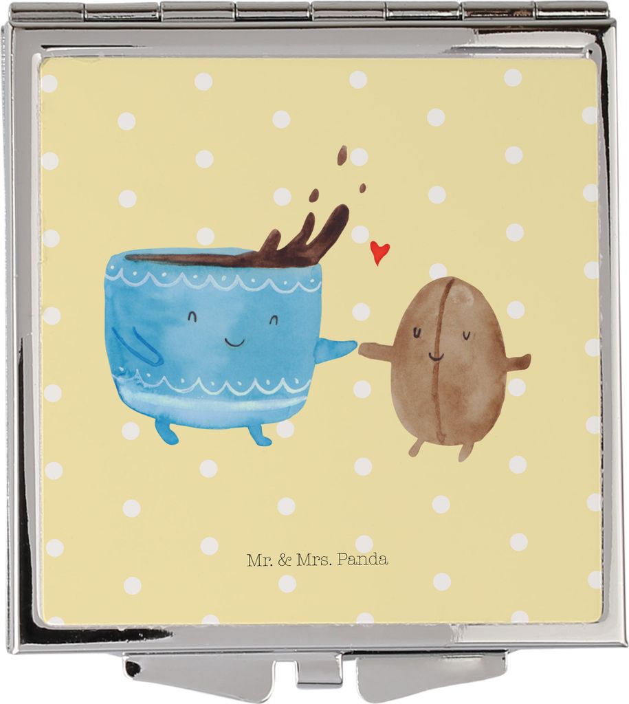 Mr. & Mrs. Panda Frauen Spiegel Kaffee Bohne - Gelb Pastell - Geschenk, Mini, Lustige Sprüche, Handspiegel, Kleiner, Glück, Kaffeebohne, Kosmetik...