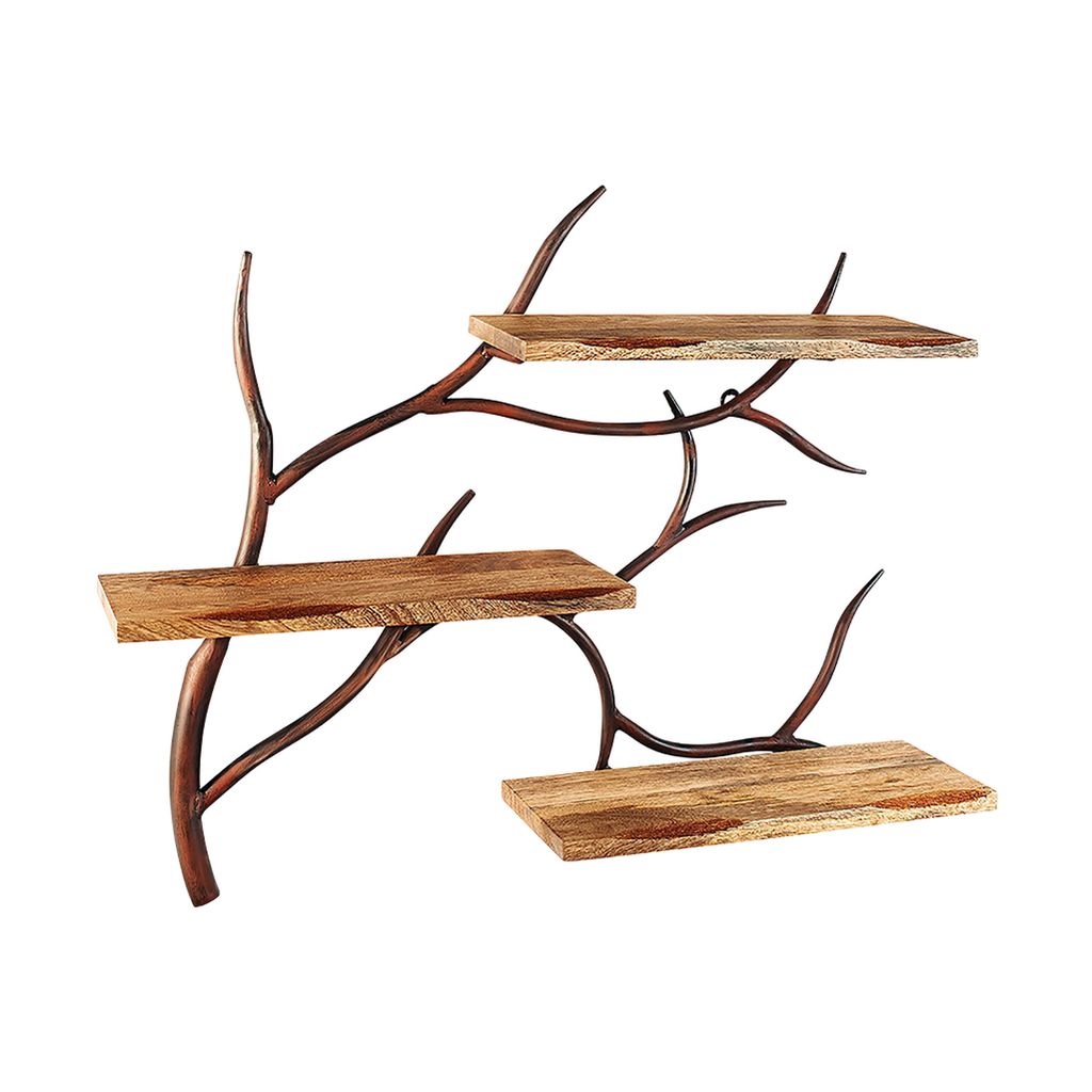 A wall-mounted shelf unit designed to look like tree branches with wooden shelves.