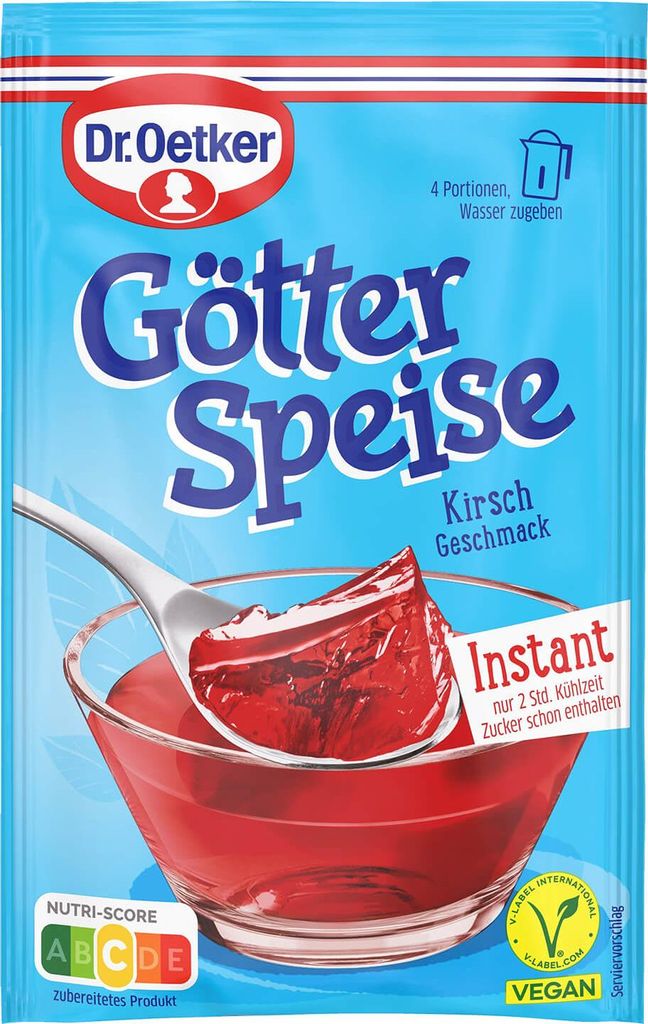 A product package for Dr. Oetker Götterspeise (Jelly) with cherry flavor.