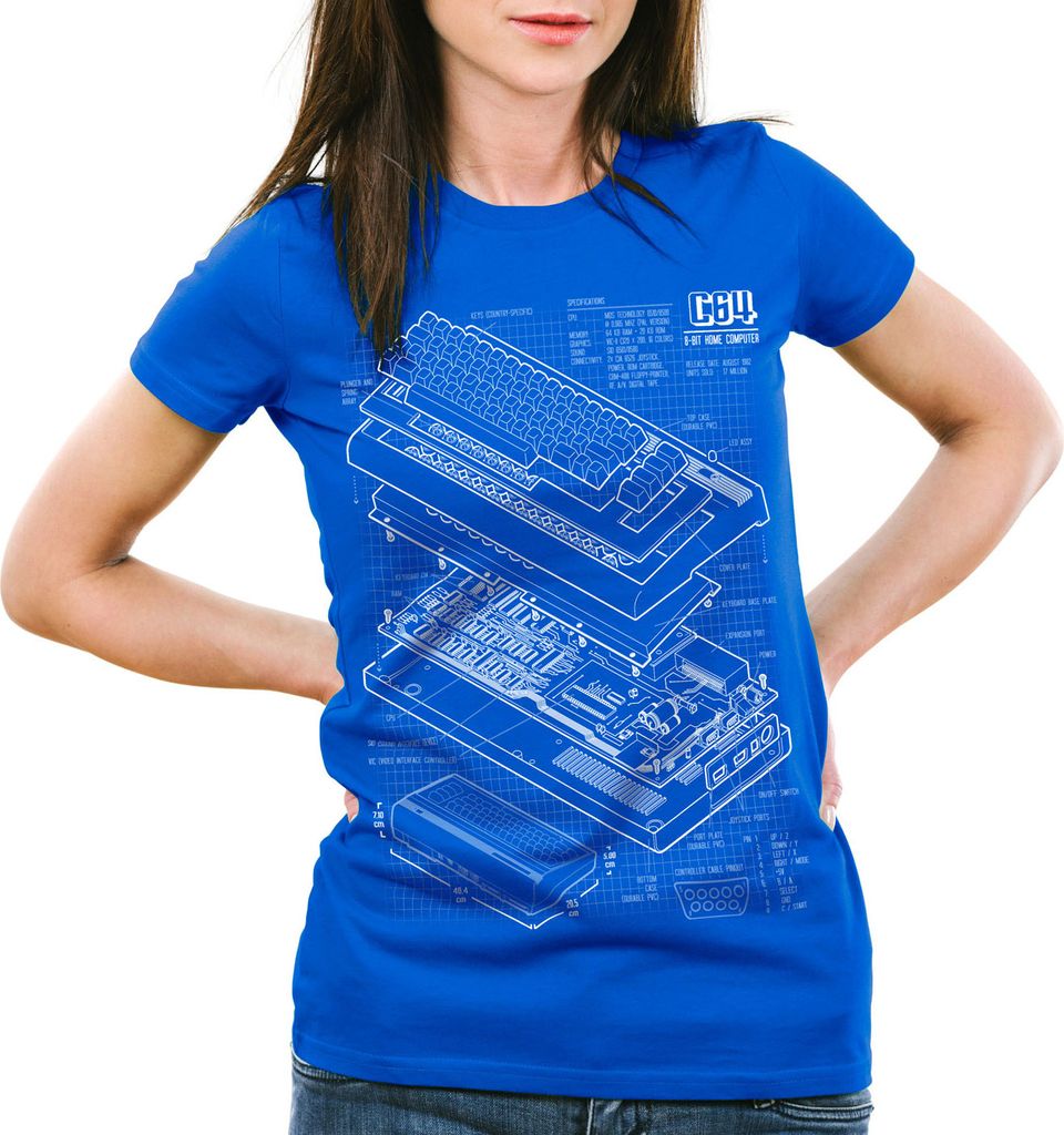 style3 C64 Heimcomputer Blaupause Damen T-Shirt classic gamer, Farbe:Blau, Größe:XS