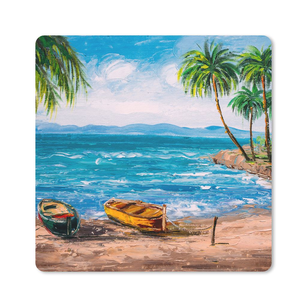 MuchoWow Mauspad Mousepad Gemälde - Öl auf Leinwand - Strand - Palme - Boot 20x20 cm - Mousepads - Maus Mat - Pad - Mausunterlage - Desk Mat - ...