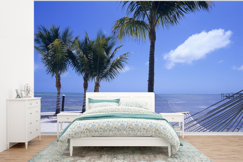 MuchoWow Fototapete für Wohnzimmer oder Schlafzimmer Wandtapete Vinyl Motivtapete Meer - Hängematte - Palme - 350x260 cm - Wohnzimmer-Tapete
