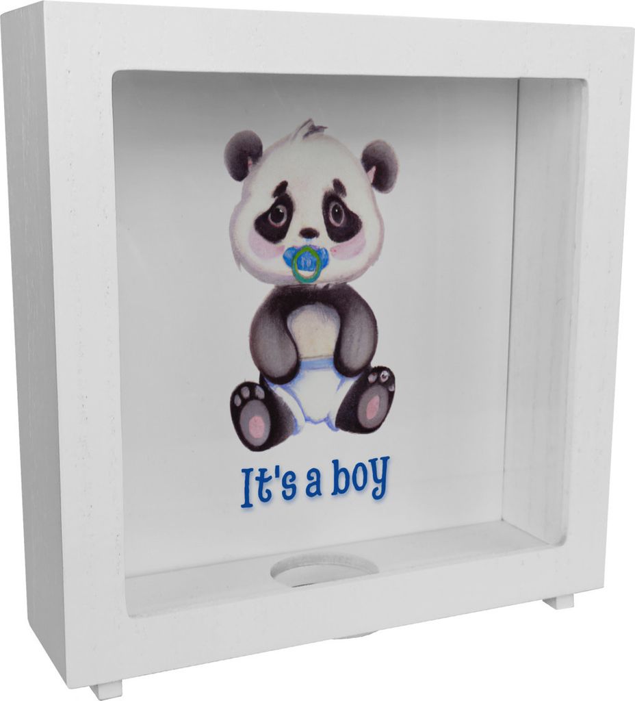 It's a boy Baby Panda Rahmen Spardose aus Holz in blau