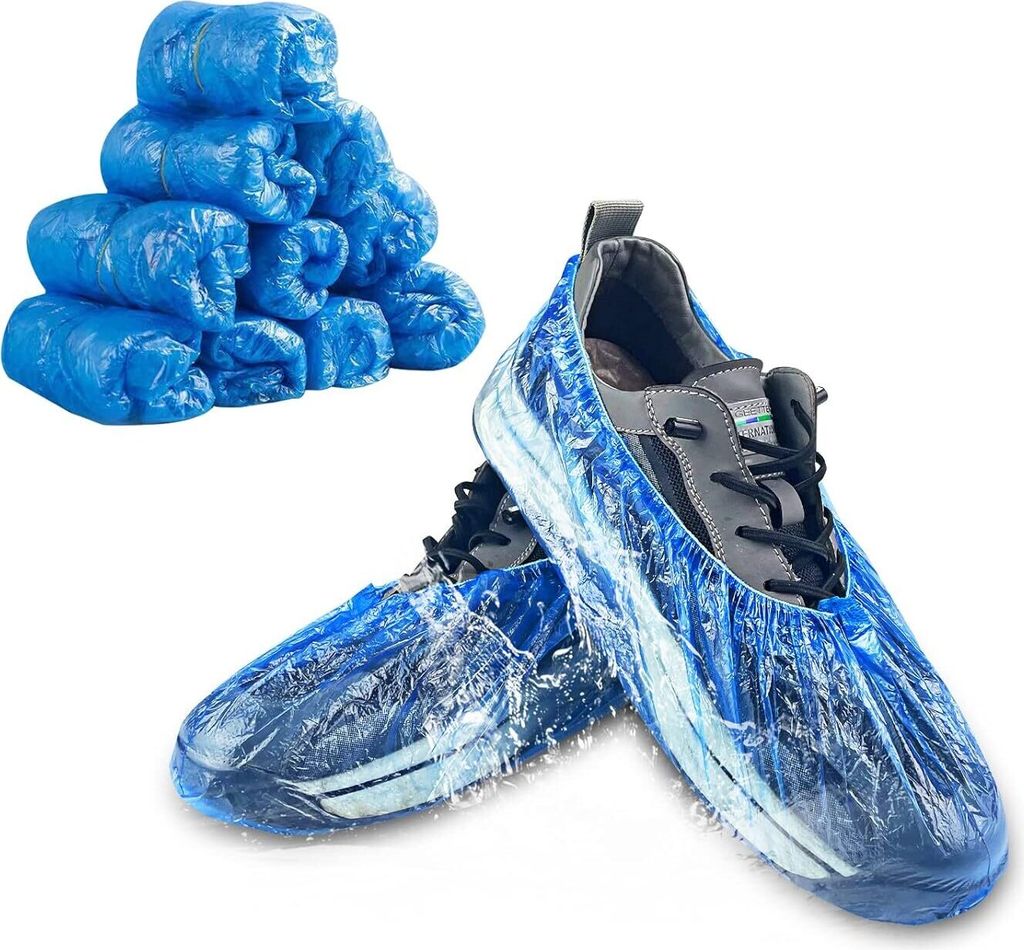100 Stück Überziehschuhe Einweg Blau, Anti-Rutsch Wasserdicht Kunststoff Schuhüberzieher Rutschfest, Universalgröße Überschuhe, Staubdicht Sc...