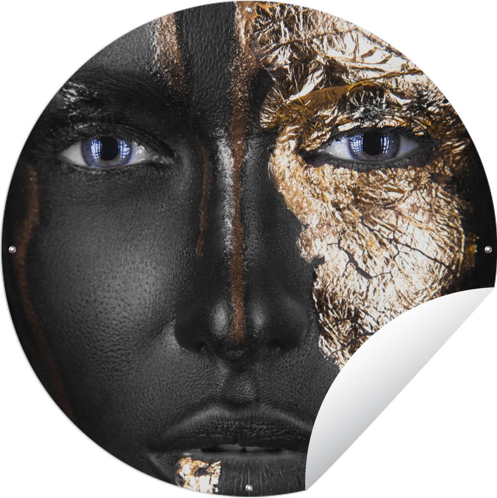 MuchoWow Gartenposter Outdoor-Poster Rund Frau - Schwarz und Gold Ø 150 cm Gartendeko Rundes Poster draußen