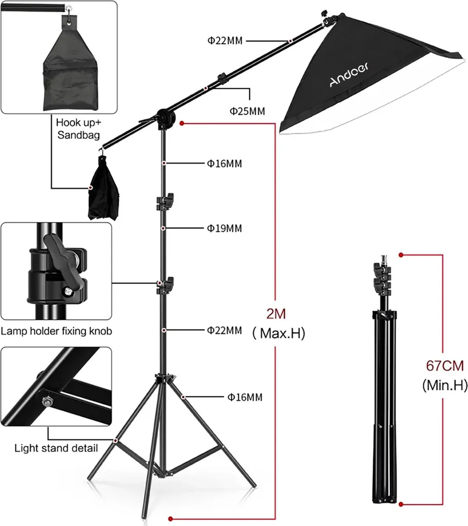 Kit Softbox Éclairage Studio LED 135W avec Trépied 2m Rectangulaire Noir - 5