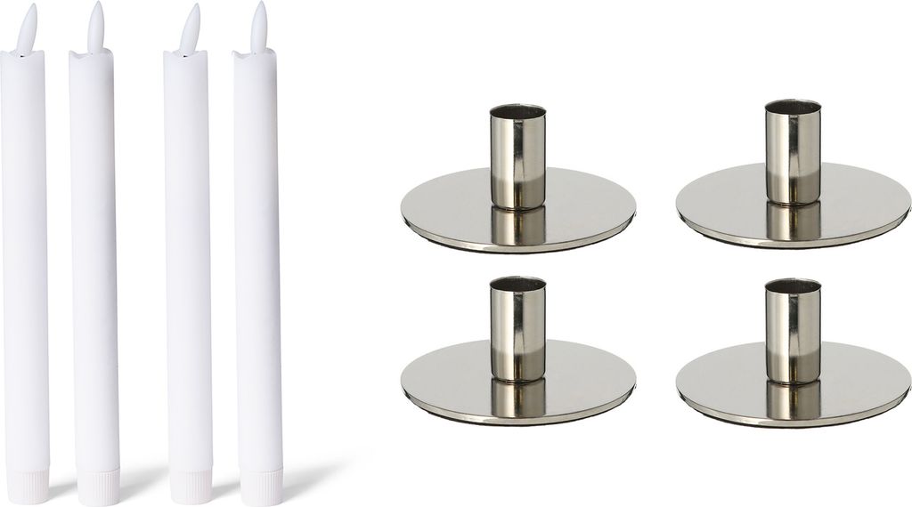 Novaliv 4er-Set Stabkerzenhalter SILBER 10x5cm Weihnachtsdekoration mit Echtwachskerze LED Stabkerze elektrisch Flackereffekt candle holder Metall ...