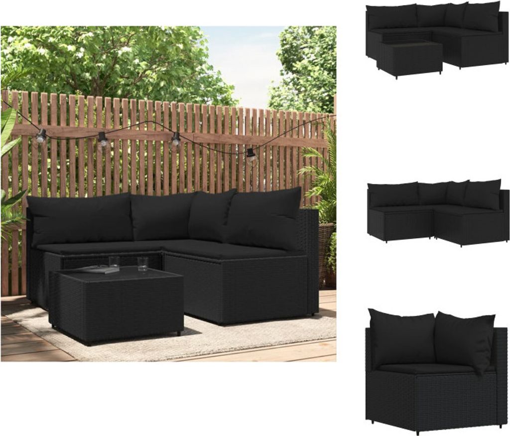 vidaXL 4-tlg. Garten-Lounge-Set mit Kissen Schwarz Poly Rattan - Gartensofas