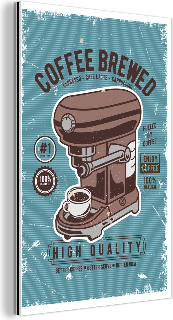 MuchoWow Alubilder Wanddeko Metall Metallbild Wandkunst 40x60 cm Kaffeemaschine - Kaffee - Retro - Zeichnung Aluminium Gemälde Dibond Wandbild -...
