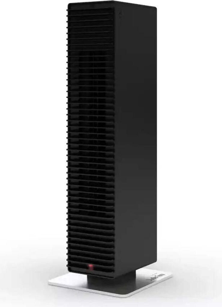 A black tower fan with a white base is shown against a white background.