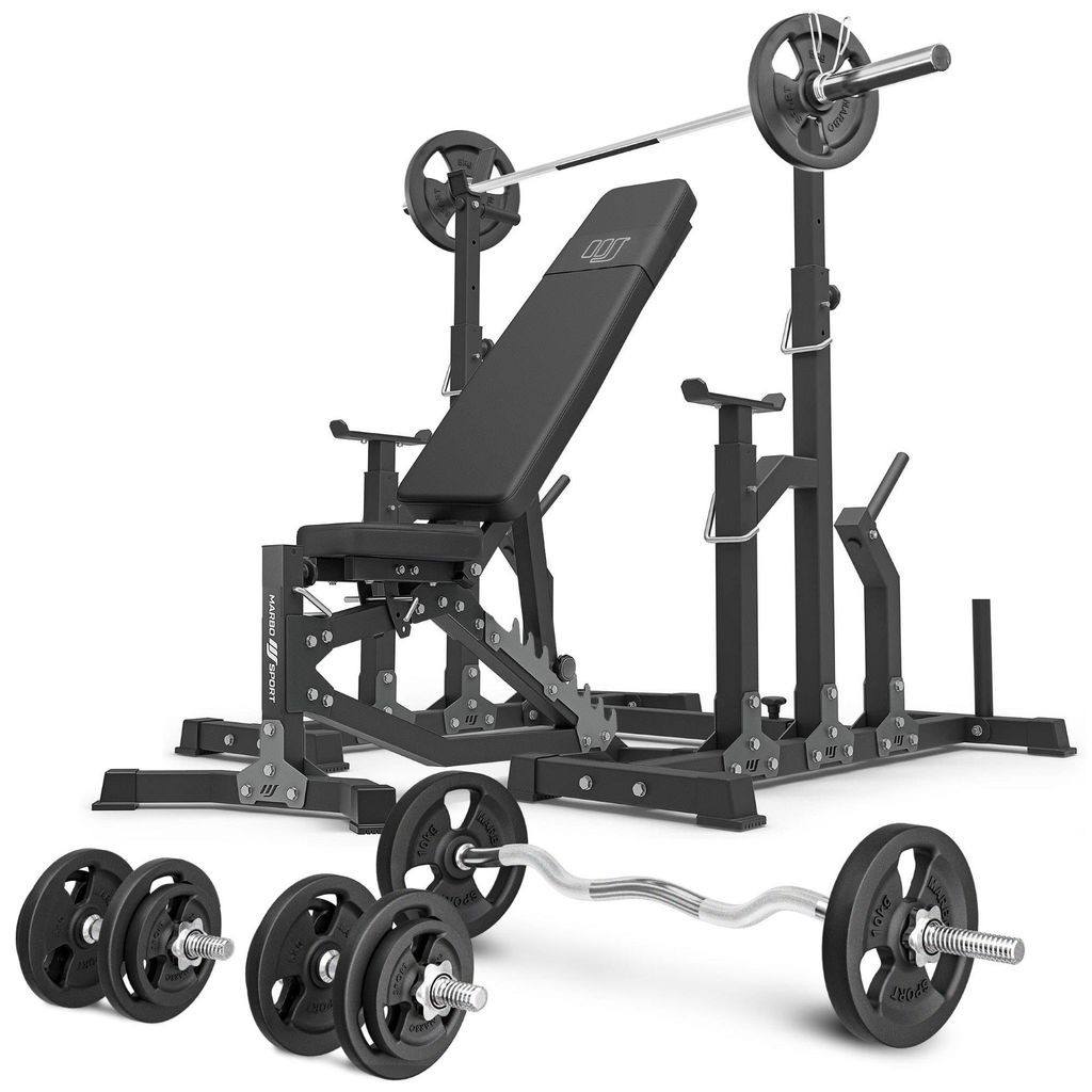 Marbo Sport - Set MS11_2.0_83KG | Doppelseitig verstellbare Hantelbank + verstellbare Ständer + Stangen- und Hantelscheiben Set 83 kg