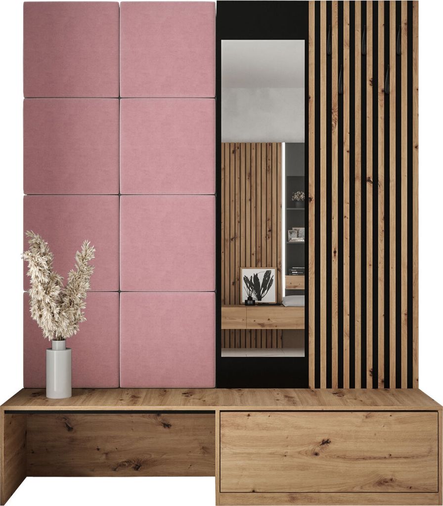 MIRJAN24 Garderoben-Set Premium, Garderobe mit 8x Wandpanel 42x42, Schuhschrank + Spiegel + Lamellen Paneel mit Kleiderhaken (Farbe: Artisan Eiche,...