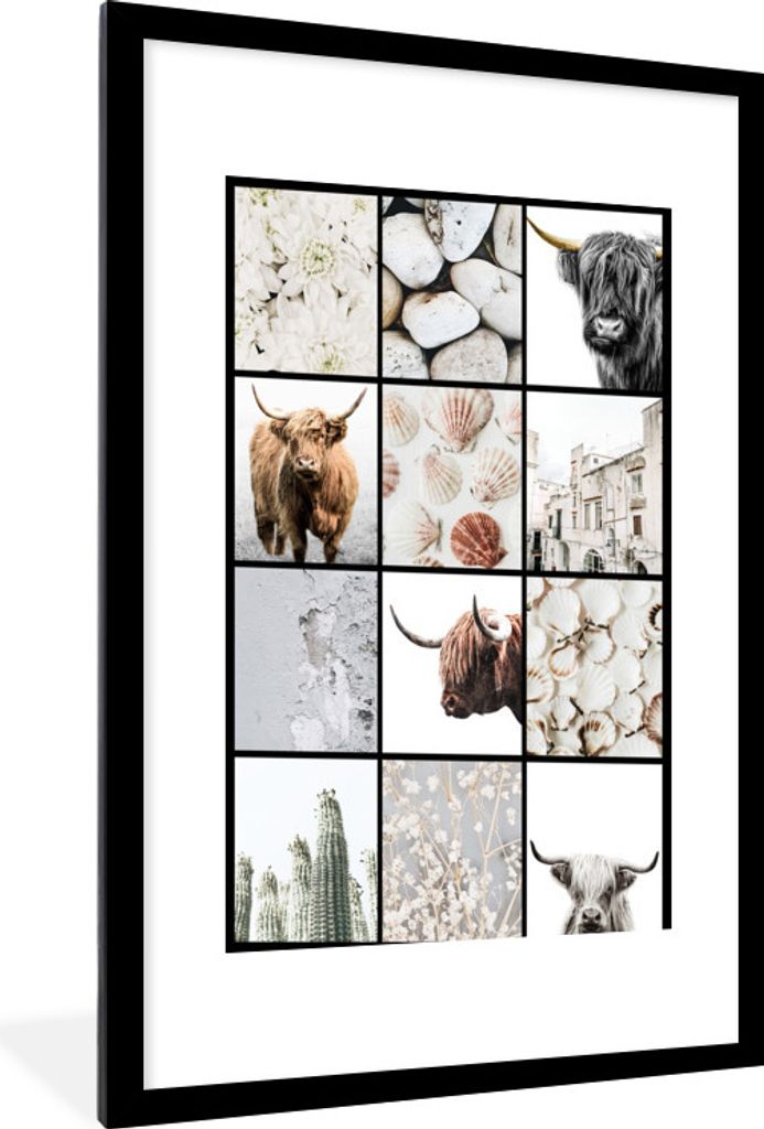 MuchoWow MuchoWow Gerahmtes Poster Schottisches Hochlandrind - Collage - Blumen - Muscheln 60x90 cm - Poster mit zchwarzem Bilderrahmen - Dekor...