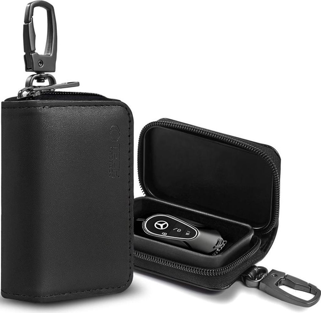 A black leather key pouch is shown open and closed, with a car key inside the open pouch.