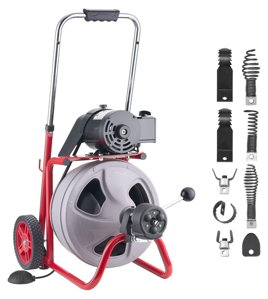 Rohrreinigungsmaschine - Abflussreinigungsgerät - Spirale 30 m, 9,5 mm - Automatischer Vorschub - 8 Schneidwerkzeuge - Pneumatischer Fußschalter ...