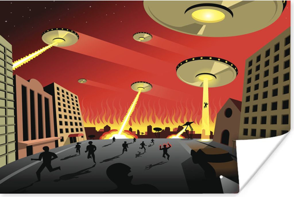 MuchoWow Poster Eine Illustration von UFOs, die eine Stadt angreifen - Jungen - Mädchen - Kinder - Kind 80x60 cm - Kunst für zu Hause
