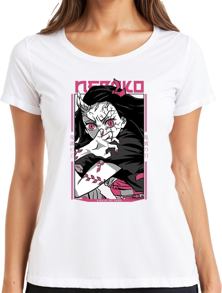 Nezuko Dämonenmädchen Hörner rosa Augen Krallen Anime Geschenk Damen T-Shirt, Weiß, XXL