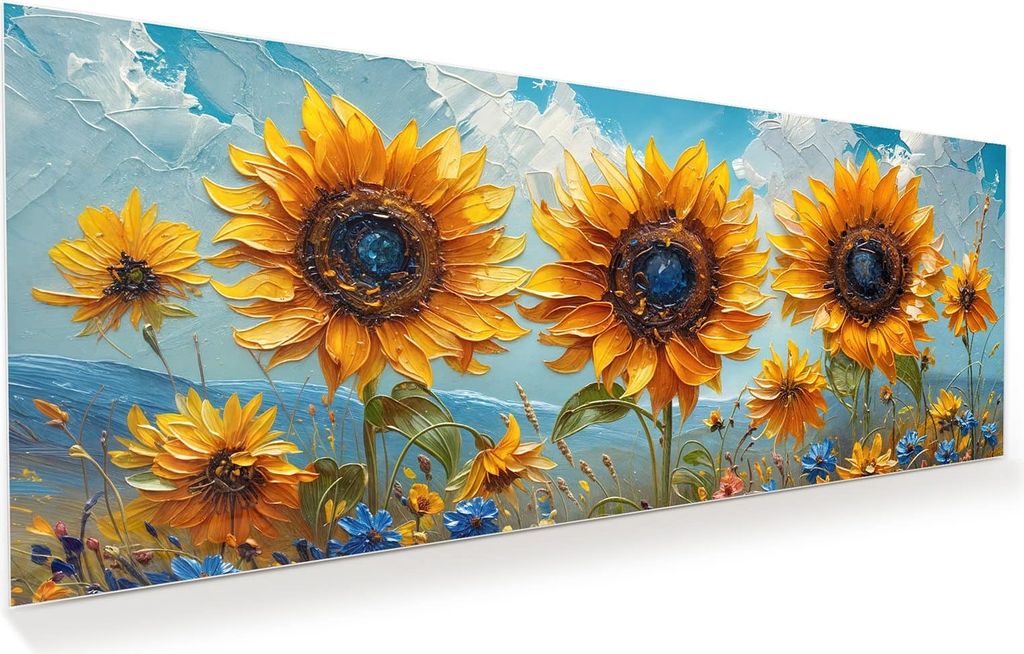 Glasbild 150x60cm in XXL für Wohnzimmer, Schlafzimmer Motiv Sonnenblumenwiese