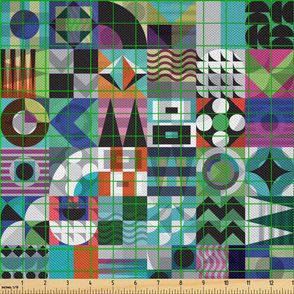 ABAKUHAUS Mitte des Jahrhunderts Satin Stoff als Meterware, Mischung aus verschiedenen verschiedenen geometrischen Formen in Squares Funky Sixties ...